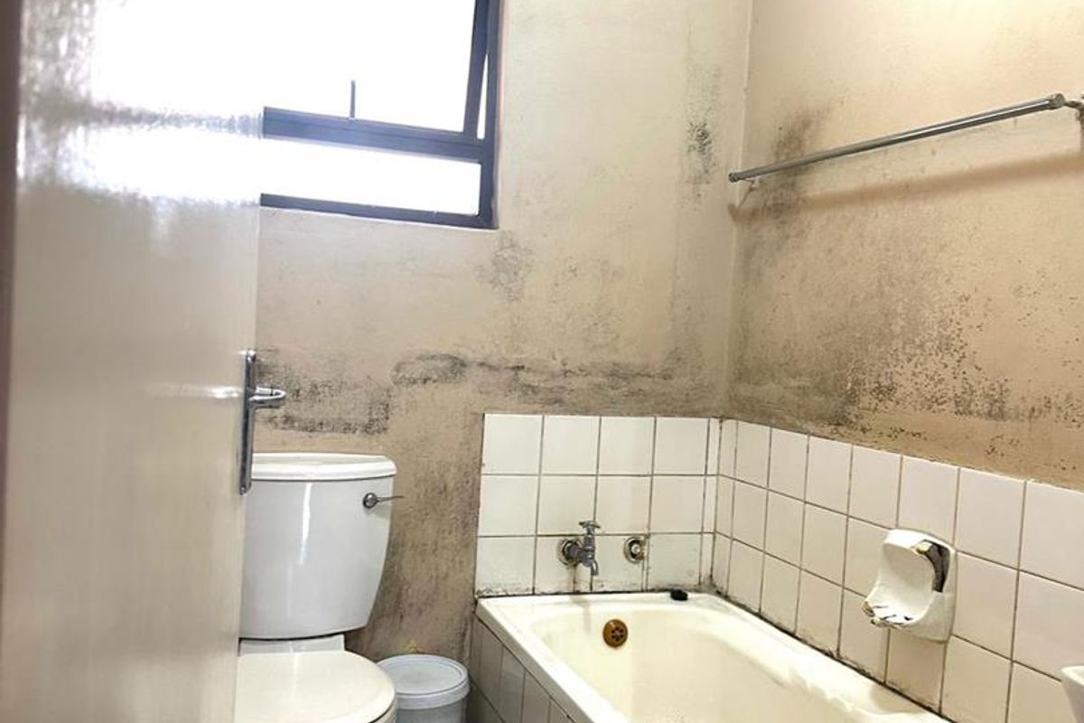 A dated bathroom featuring a standard bathtub, toilet, and tiled splashbacks, currently showing significant signs of wear and wall deterioration.