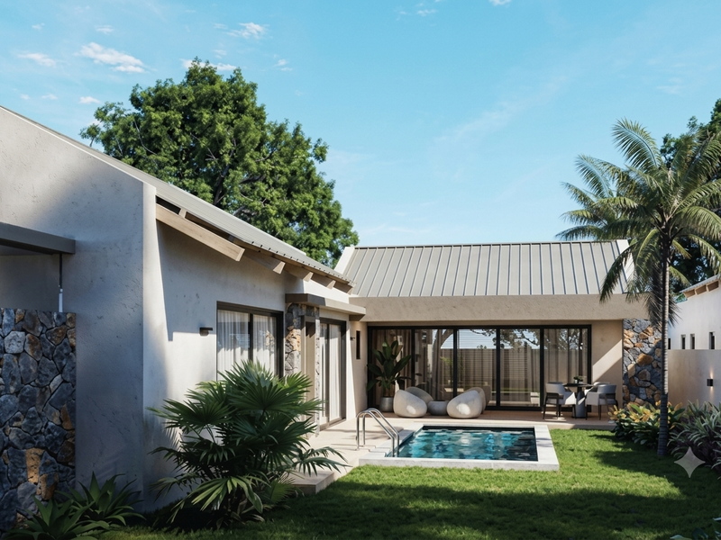 Modern rear exterior featuring a swimming pool, stone-clad walls, and a covered patio area with large sliding glass doors.