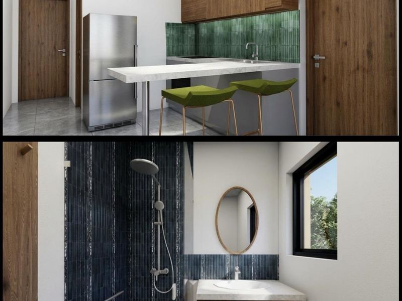 A composite image showing a modern kitchen with wood cabinetry and a contemporary bathroom featuring a walk-in shower and vanity.