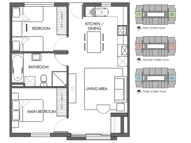 A detailed floor plan showing the layout of a two-bedroom apartment including a kitchen, dining area, living room, and bathroom.