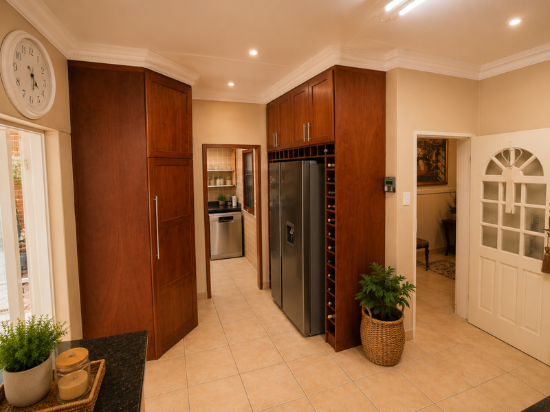 A well-maintained kitchen area featuring rich wood cabinetry, integrated wine storage, and tiled flooring, with a clear view into an adjacent scullery area.