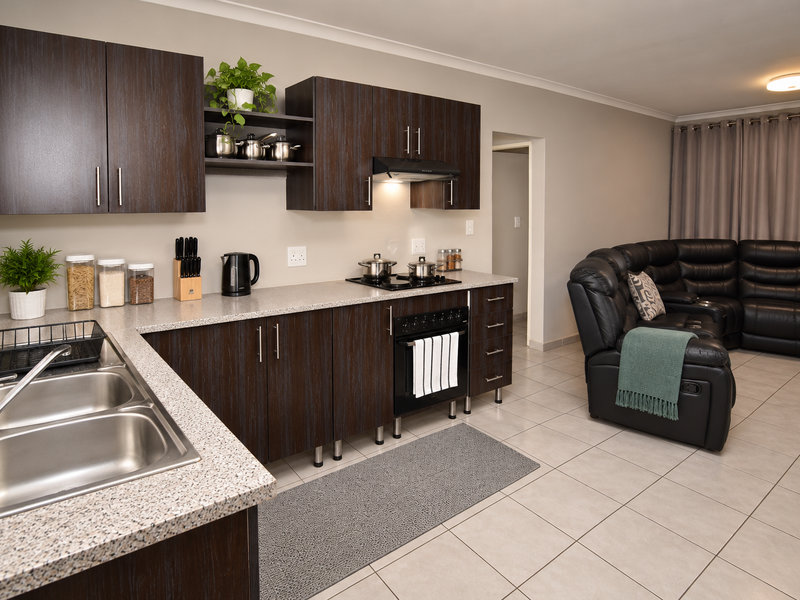 Open-plan kitchen and living area featuring dark wood cabinetry, granite-look countertops, built-in oven and hob, and neutral tiled flooring throughout.