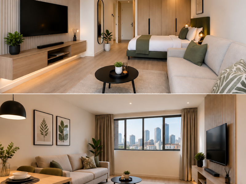 Modern open-plan studio apartment featuring contemporary slatted wall paneling, built-in cabinetry, and large windows with expansive city views.