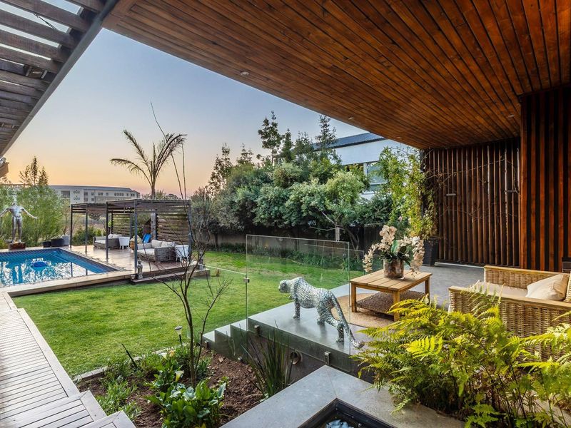 A modern covered patio featuring timber ceiling finishes, glass balustrades, and seamless access to a landscaped garden and swimming pool area.