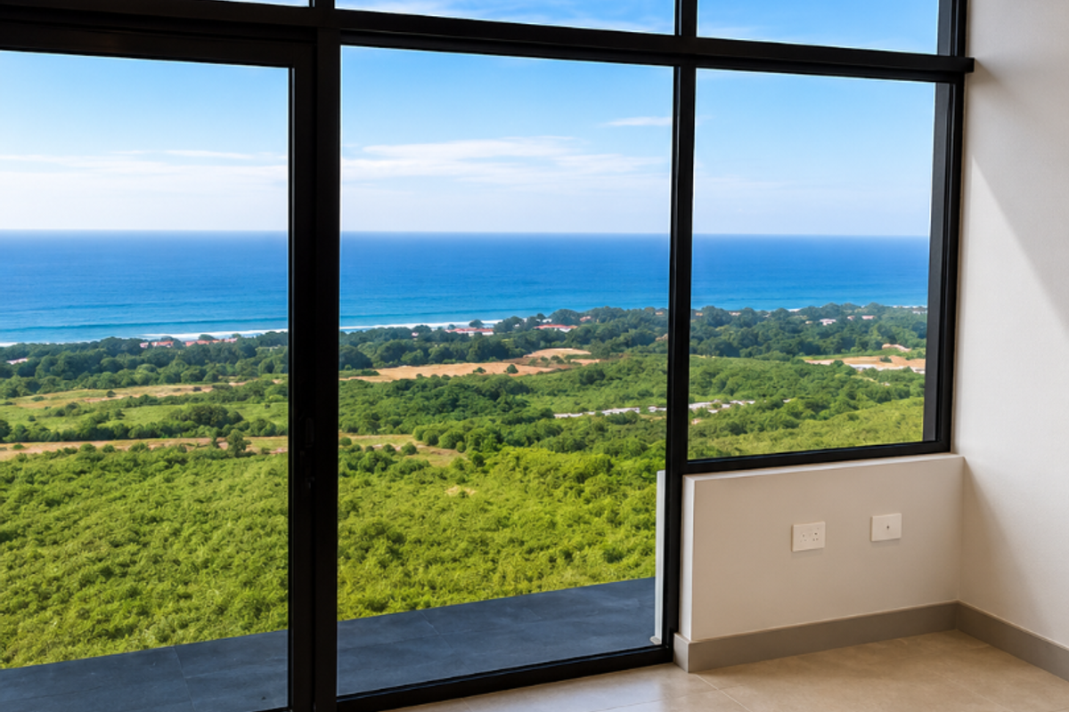A bright, modern, and empty living space featuring expansive floor-to-ceiling windows with panoramic ocean and landscape views, finished with neutral floor tiles.
