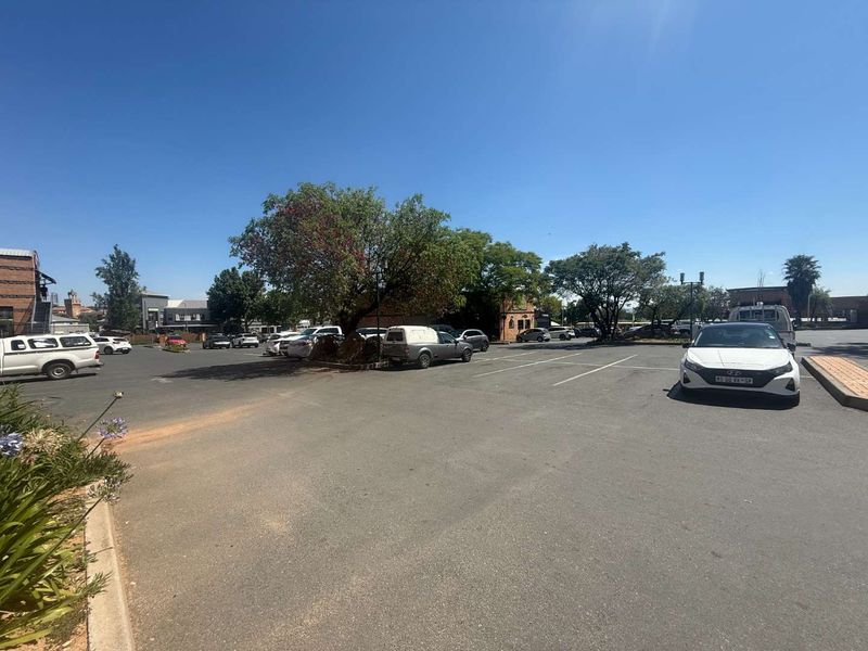 An open-air asphalt parking lot serving the retail property, featuring marked parking bays and established trees.