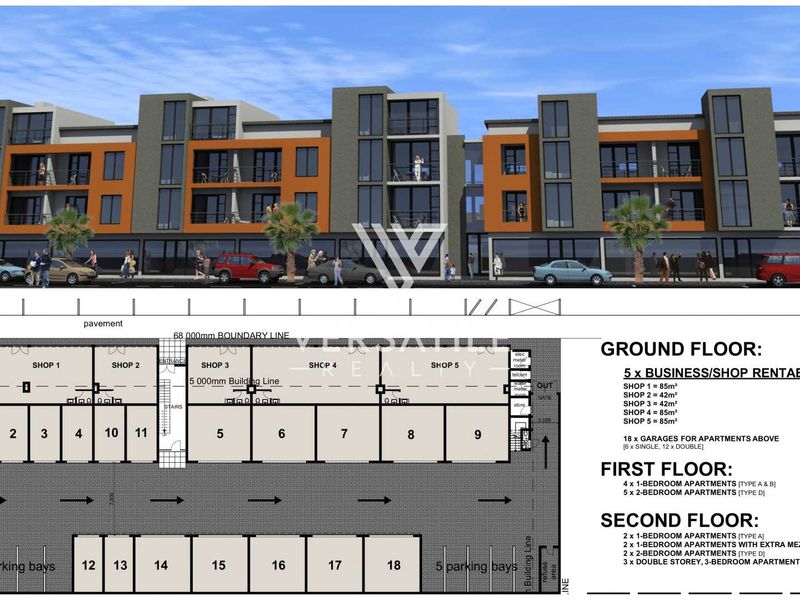 Architectural rendering and floor plan showing a mixed-use development with ground floor retail spaces, garages, and upper-level residential apartments.