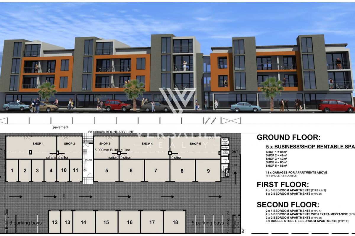 Architectural rendering and floor plan showing a mixed-use development with ground floor retail spaces, garages, and upper-level residential apartments.