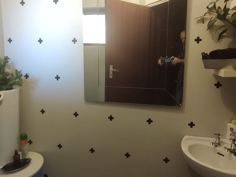 A compact guest bathroom featuring a wall-mounted basin, dual-handle mixer, and a large wall mirror.