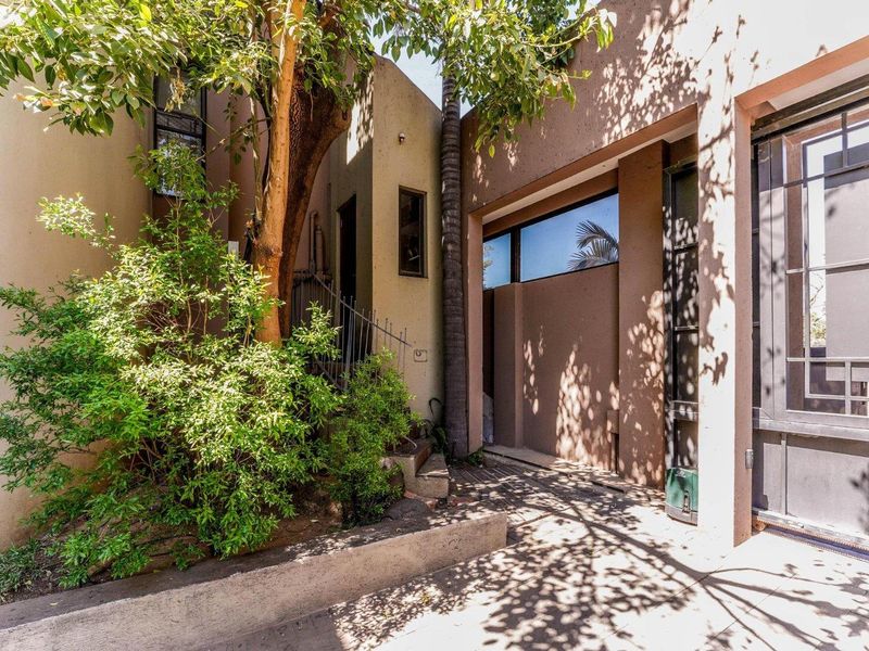 Front entrance area featuring a paved walkway, concrete retaining wall, and metal-framed glass door with mature landscaping.