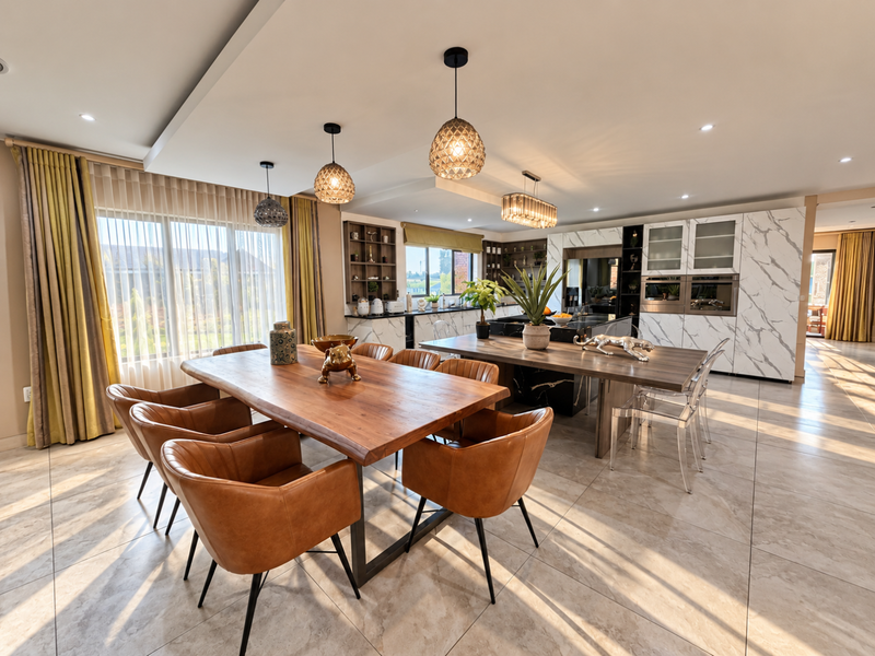 Spacious open-plan kitchen and dining area featuring modern marble-effect cabinetry, built-in double ovens, a large kitchen island, and elegant pendant lighting.
