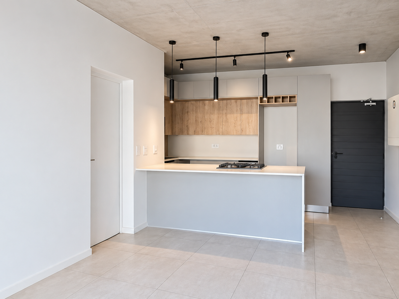 Modern kitchen featuring sleek cabinetry, stone countertops, a gas hob, and contemporary track lighting, set against an exposed concrete ceiling and neutral tiled floors.