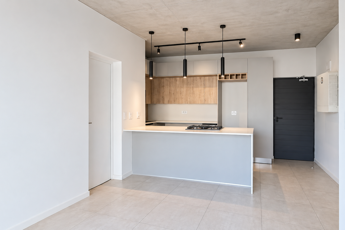 Modern kitchen featuring sleek cabinetry, stone countertops, a gas hob, and contemporary track lighting, set against an exposed concrete ceiling and neutral tiled floors.