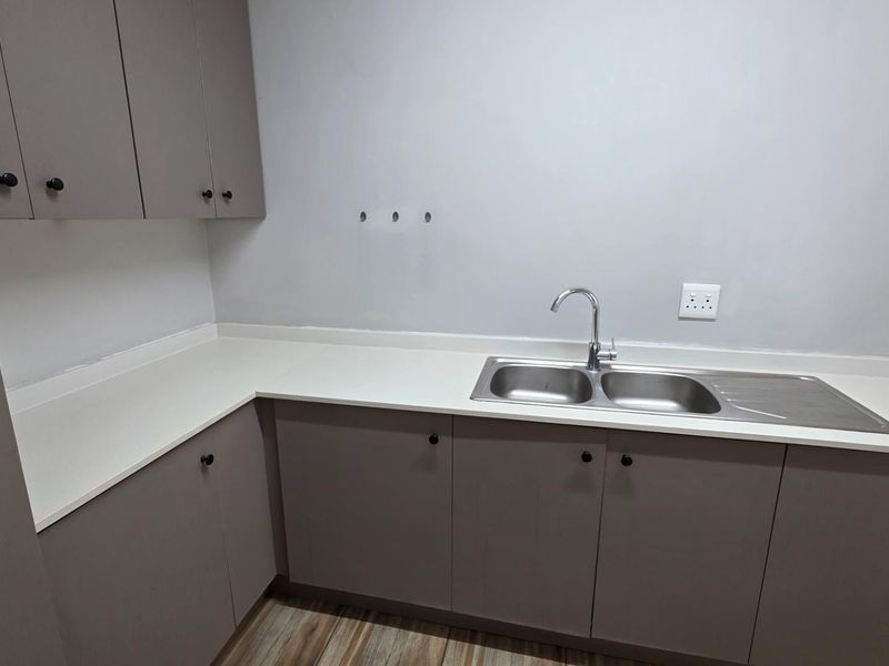 A clean and functional scullery area featuring modern grey cabinetry, a double bowl stainless steel sink, and ample countertop workspace.