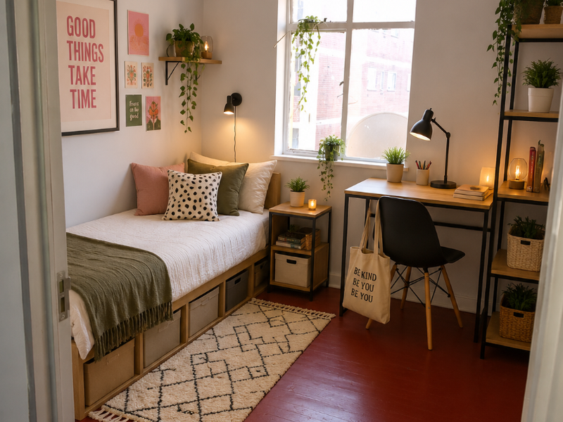 A cozy bedroom featuring painted timber flooring, a large window providing natural light, and classic picture rail detailing.