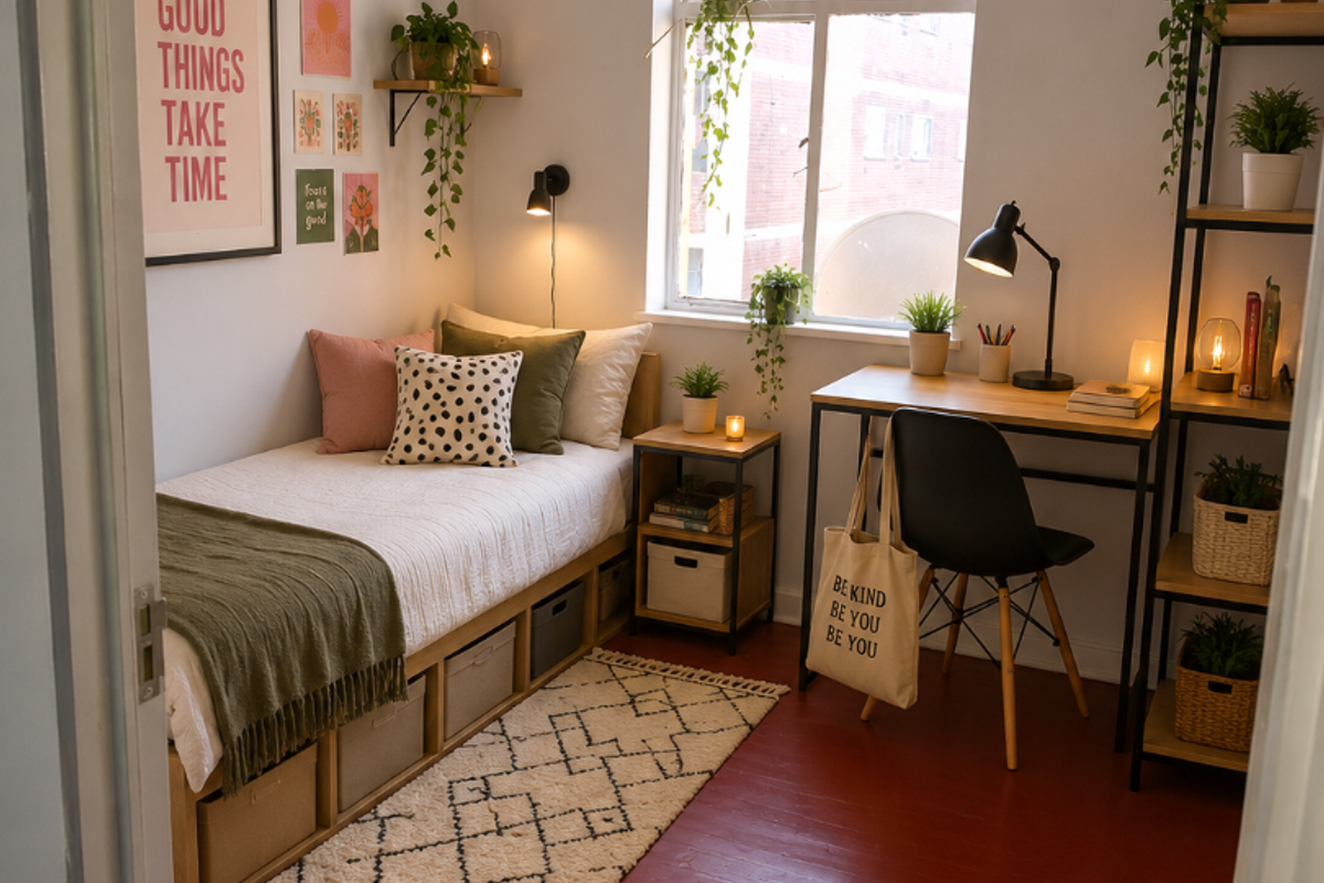 A cozy bedroom featuring painted timber flooring, a large window providing natural light, and classic picture rail detailing.