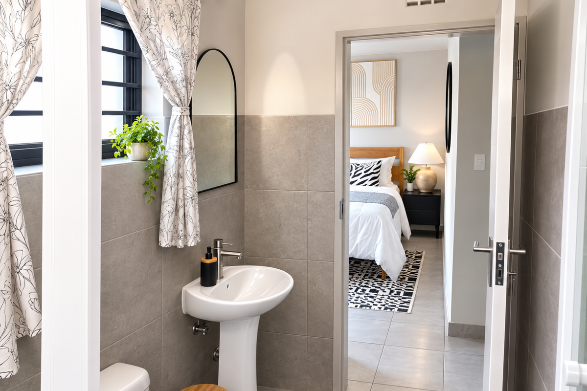 A modern, well-maintained bathroom featuring a pedestal basin, neutral ceramic tiling, and direct access to an adjacent bedroom.