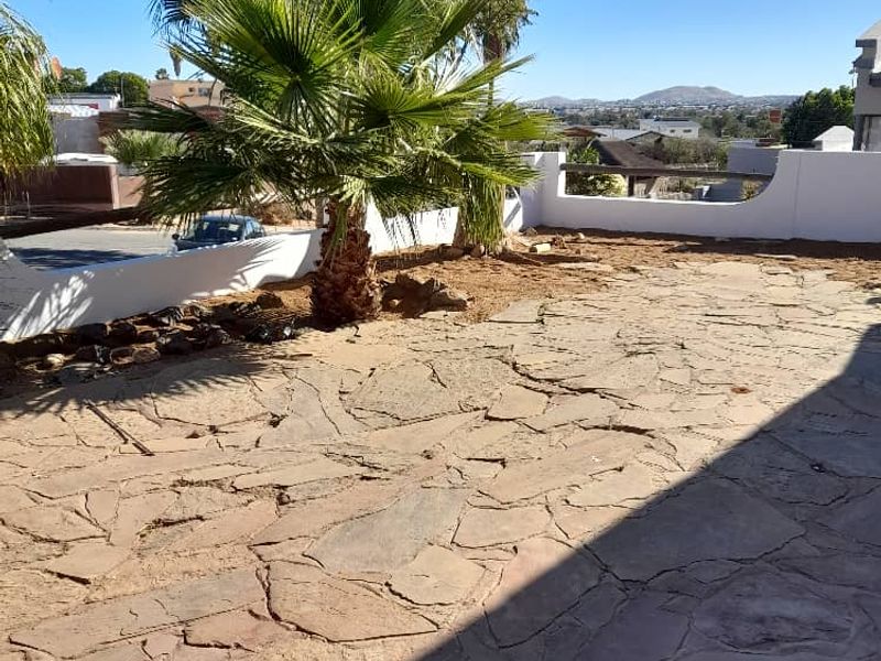 An outdoor patio area featuring flagstone paving, a masonry boundary wall, and established palm trees with potential for landscaping improvements.