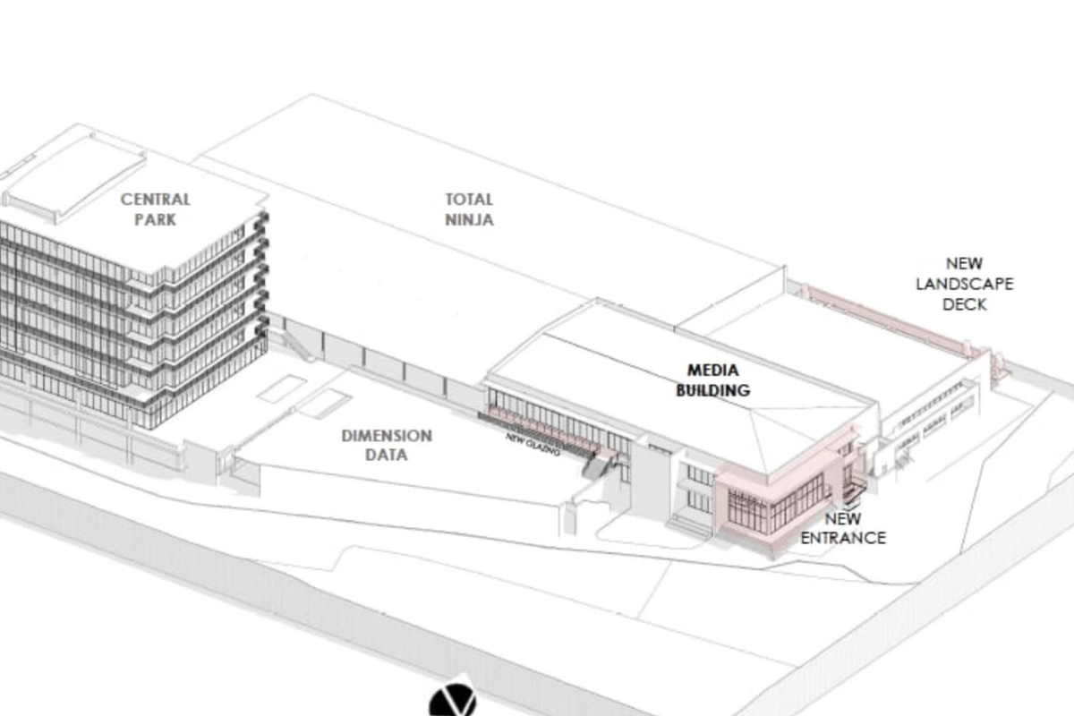 An architectural isometric site plan showing the layout of the office complex, including the Central Park building, Media Building, and new landscape deck.