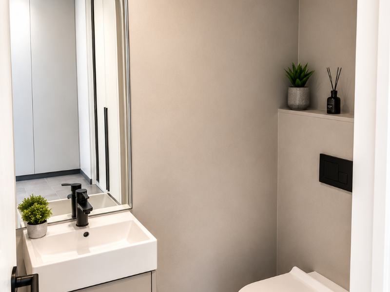 Modern guest bathroom featuring a wall-mounted toilet, sleek vanity with basin, black fixtures, and a large recessed mirror.