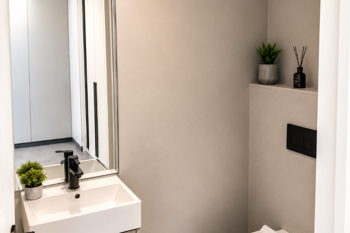 Modern guest bathroom featuring a wall-mounted toilet, sleek vanity with basin, black fixtures, and a large recessed mirror.
