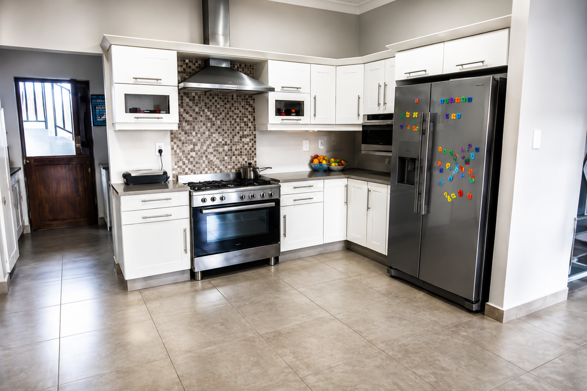 Modern kitchen featuring white cabinetry, stainless steel appliances, a mosaic tile backsplash, and neutral tiled flooring, offering a clean and functional cooking space.