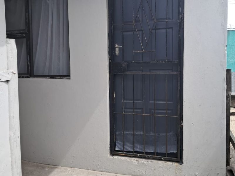 Rear exterior view showing a concrete patio area with a security gate and window, requiring maintenance to the wall finish and flooring.