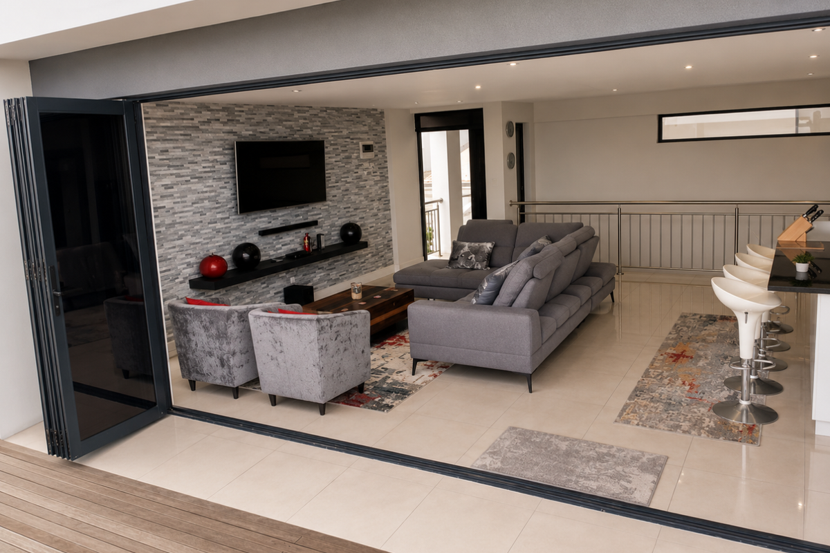 Modern open-plan living area featuring a stone feature wall, sleek porcelain tiling, and large stacking doors that open onto an outdoor deck.