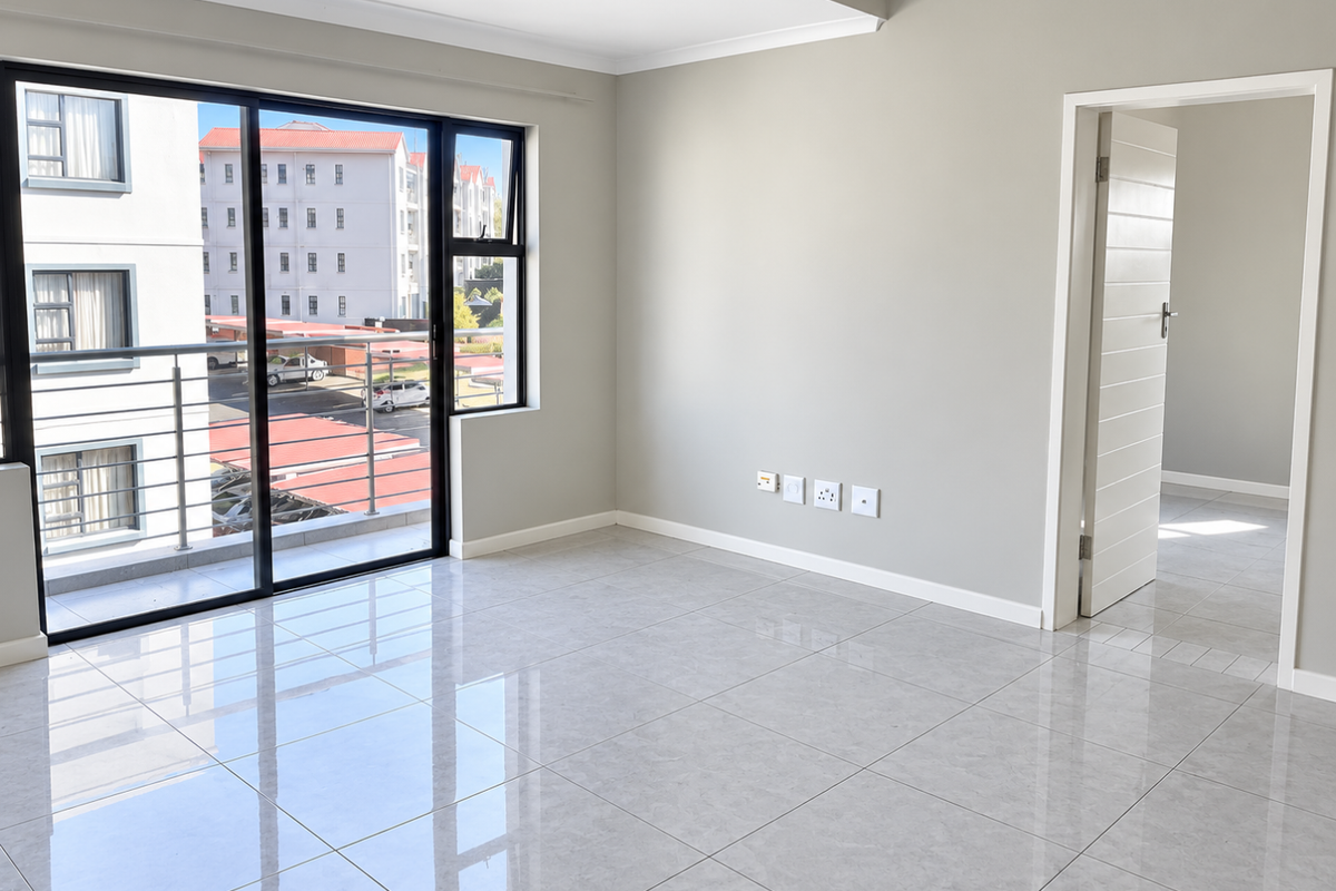 A bright, empty living area featuring polished tile flooring, neutral walls, and a sliding glass door leading to a balcony.