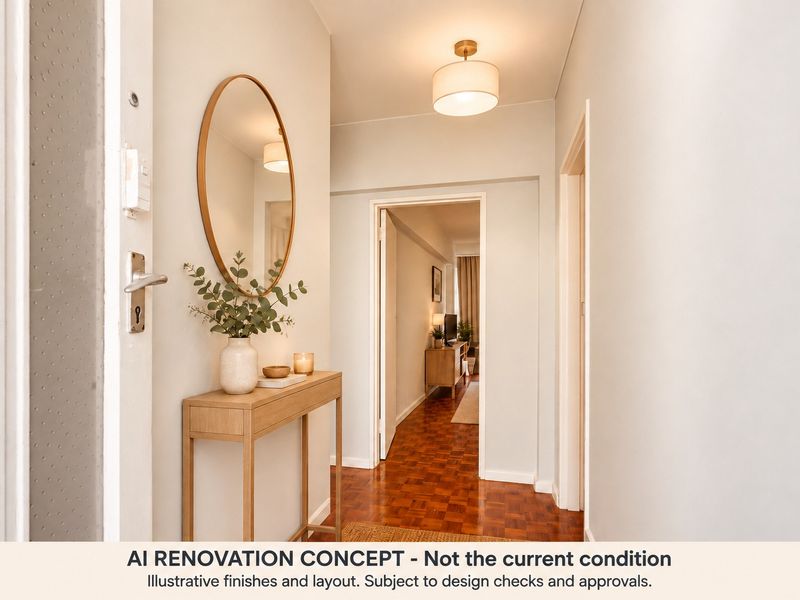 A bright entrance hallway featuring warm-toned parquet flooring and neutral wall finishes, leading into the main living area of the apartment.