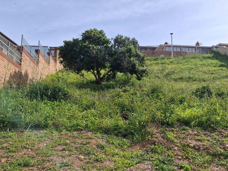A sloped vacant residential plot featuring established perimeter brick retaining walls, fencing, and mature vegetation, offering potential for tiered landscaping or development.