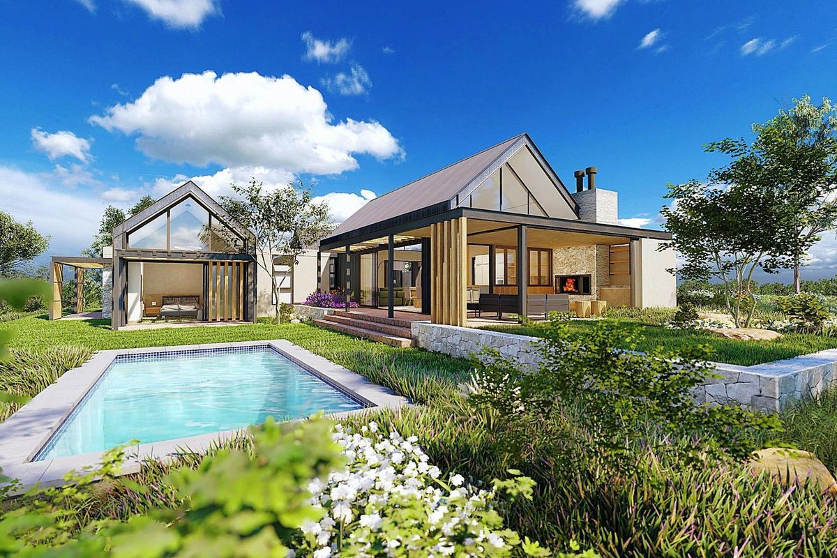 A modern architectural rendering of a residential property featuring a swimming pool, expansive patio, and contemporary design elements set within a landscaped garden.