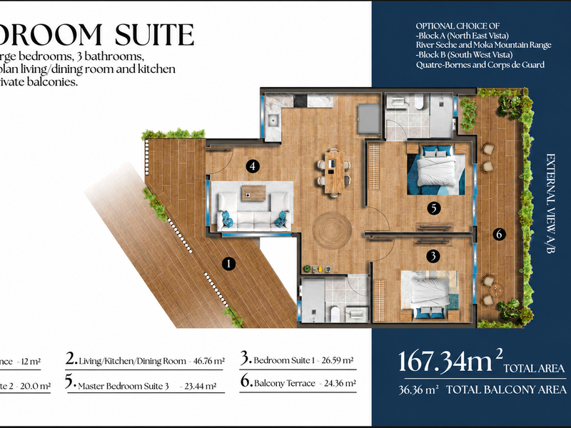 A detailed architectural floor plan for a three-bedroom apartment suite, highlighting the open-plan living area, three bathrooms, and two spacious private balconies.