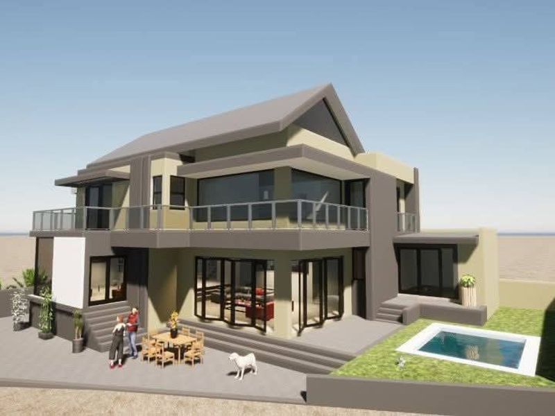A 3D architectural rendering of a modern double-story house featuring a rear patio, swimming pool, and expansive glass bi-fold doors.