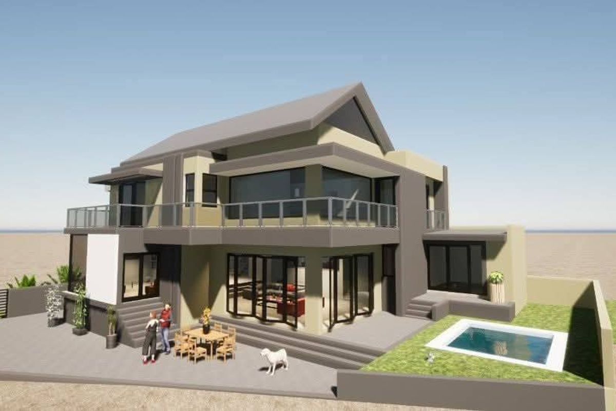 A 3D architectural rendering of a modern double-story house featuring a rear patio, swimming pool, and expansive glass bi-fold doors.