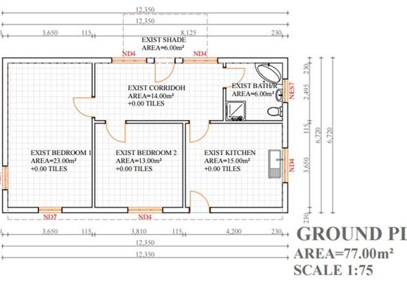 A detailed ground floor plan showing the layout of two bedrooms, a kitchen, a bathroom, and a corridor with a total area of 77 square meters.