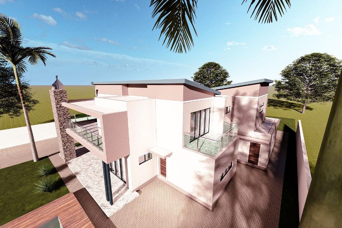 A high-angle architectural rendering of a modern residential property featuring a multi-level design, stone cladding accents, glass balconies, and paved outdoor areas.