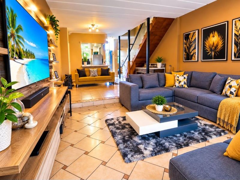Spacious open-plan living area featuring tiled floors, a wooden staircase, and integrated shelving, creating a warm and inviting multi-functional space.
