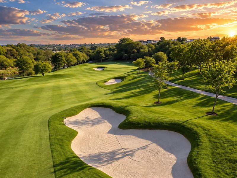 A scenic aerial view of a well-maintained golf course fairway featuring sand bunkers, lush green grass, and mature trees at sunset.