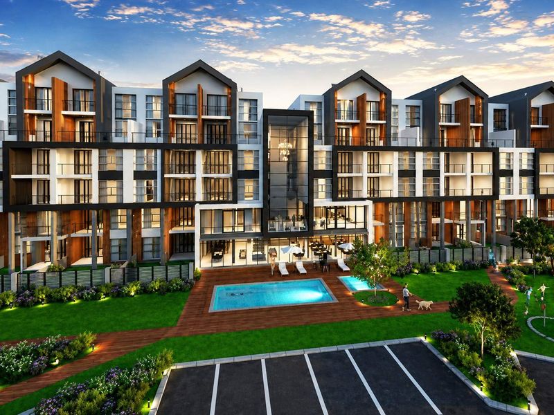A modern apartment complex featuring a swimming pool, landscaped gardens, and private balconies, showcasing contemporary architectural design and well-maintained outdoor amenities.