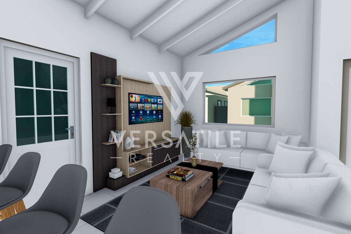 A modern living room featuring a vaulted ceiling, a built-in media unit, and a unique triangular clerestory window, presented as a 3D architectural render.