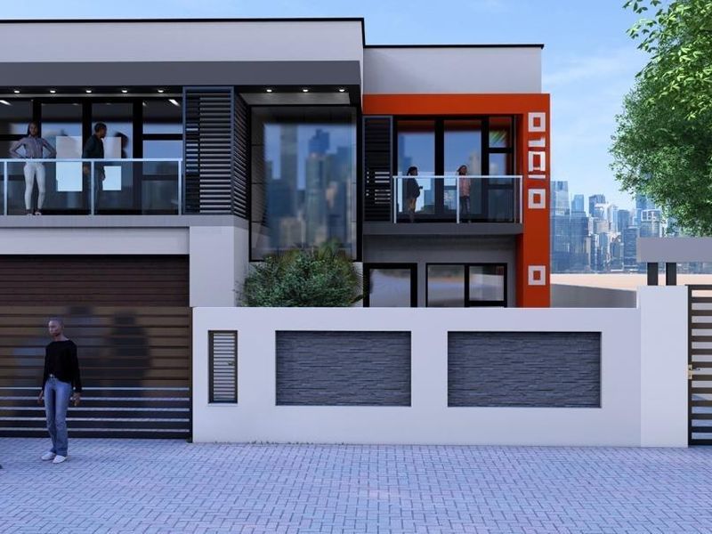 Modern two-story residential facade featuring clean lines, glass balconies, integrated garage, and a secure gated entrance with paved driveway.