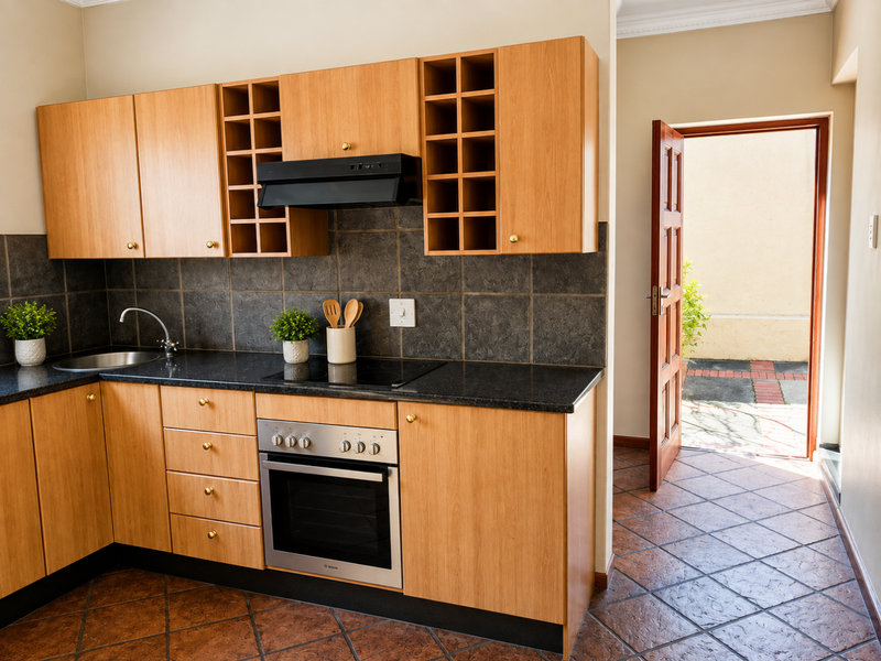 A functional kitchen featuring light wood cabinetry, granite countertops, built-in oven, and hob, with direct access to an outdoor area.