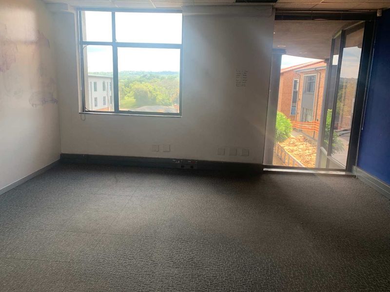 An empty office space featuring large windows, carpeted flooring, and a suspended ceiling, offering a bright workspace with views of the surrounding area.
