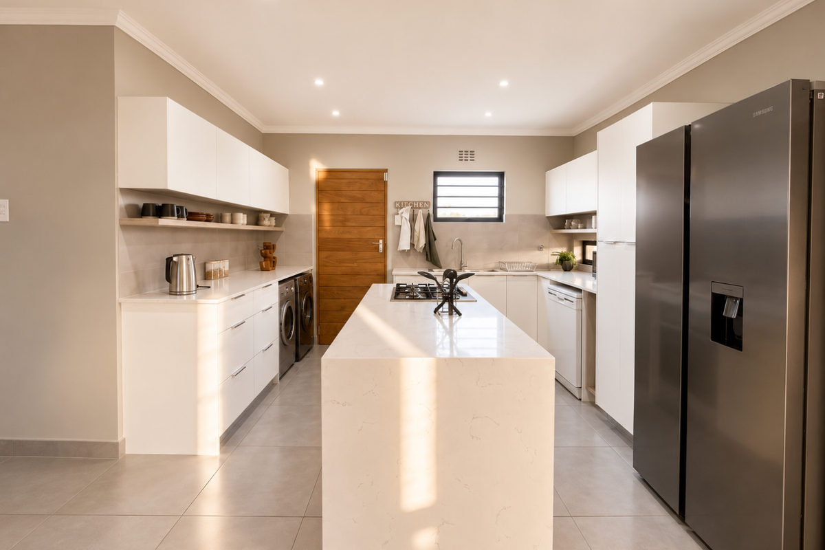 Modern kitchen featuring a central island with a built-in gas cooktop, sleek white cabinetry, stone countertops, and integrated laundry appliances.