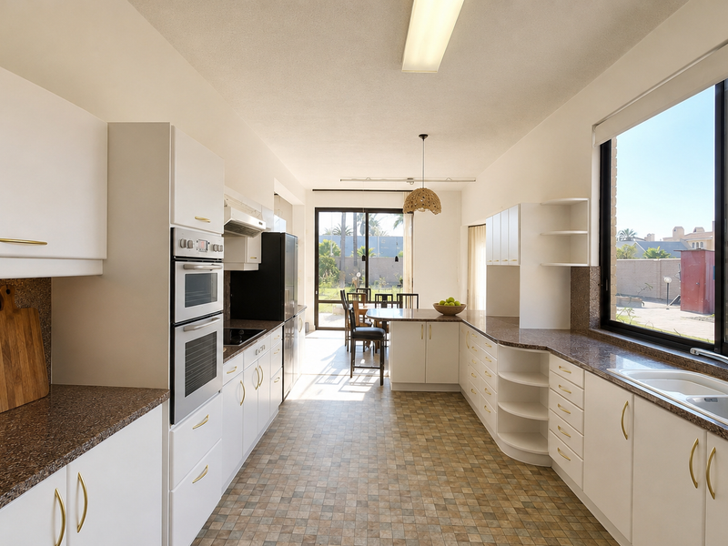 A functional kitchen featuring white cabinetry, laminate countertops, a built-in double oven, and a large window overlooking the rear garden area.