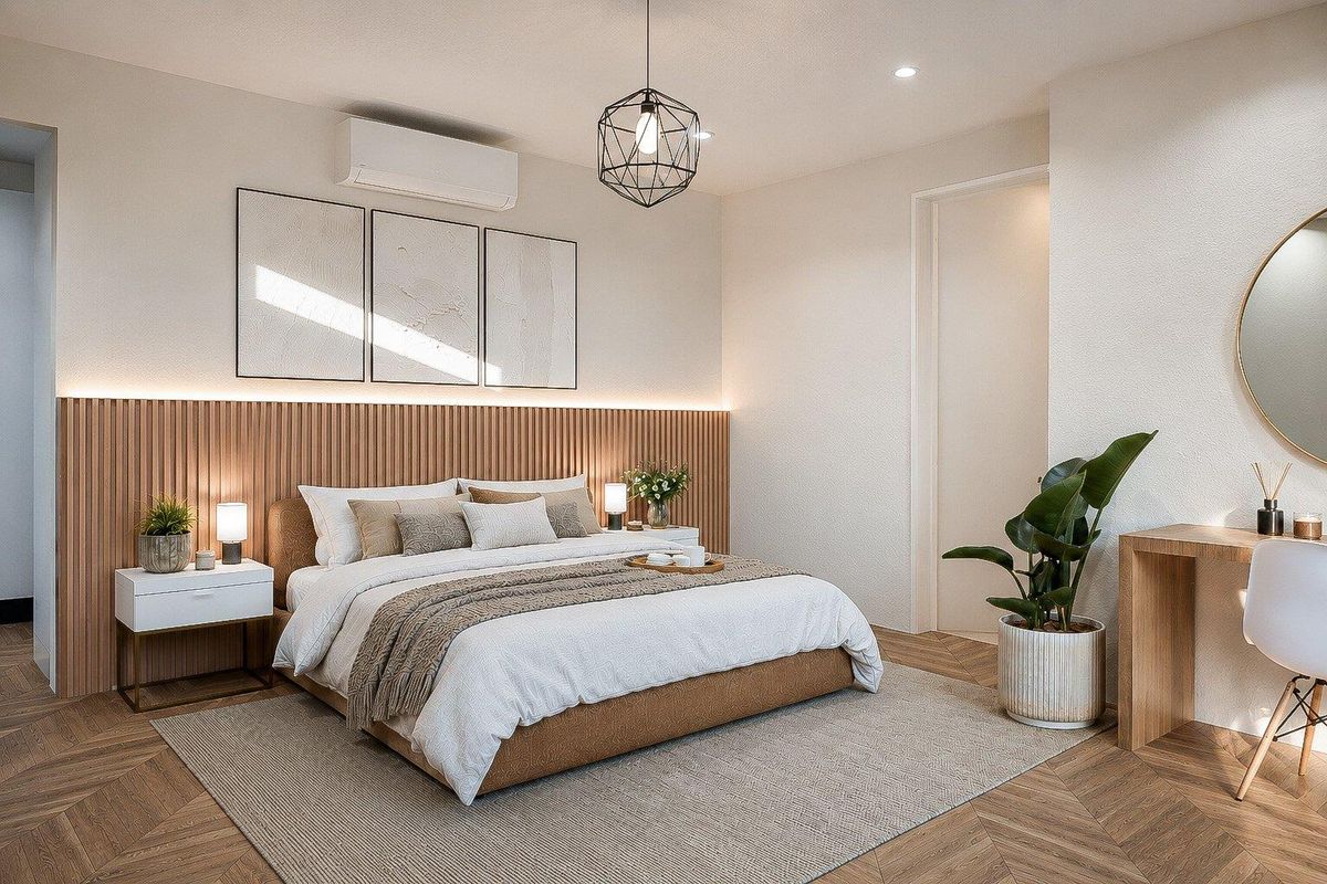 A modern, well-appointed bedroom featuring herringbone timber flooring, a custom timber slat headboard with integrated LED lighting, and a wall-mounted air conditioning unit.