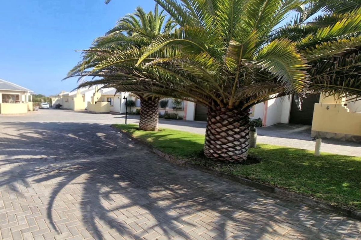 A view of the complex driveway featuring mature palm trees, manicured lawn, and paved surfaces leading to the townhouse units.