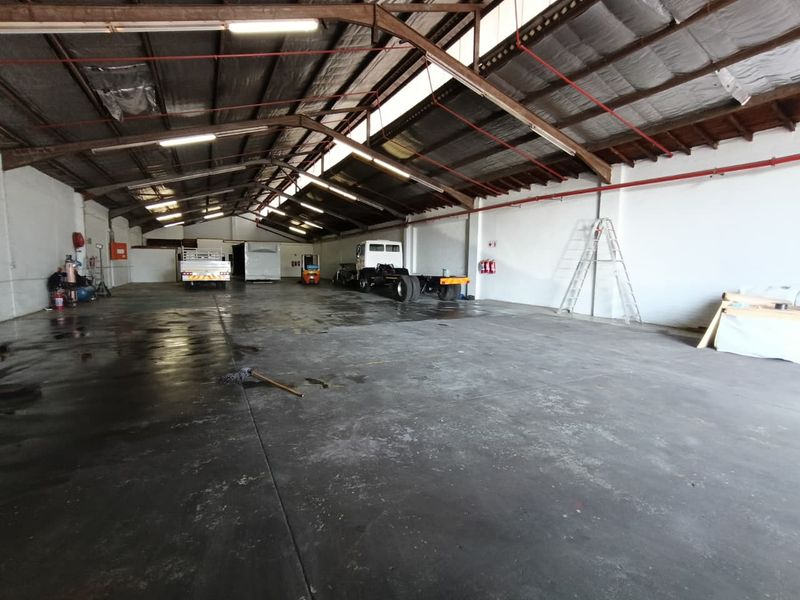 Spacious industrial warehouse featuring high ceilings with exposed steel trusses, concrete flooring, and integrated fire safety systems.