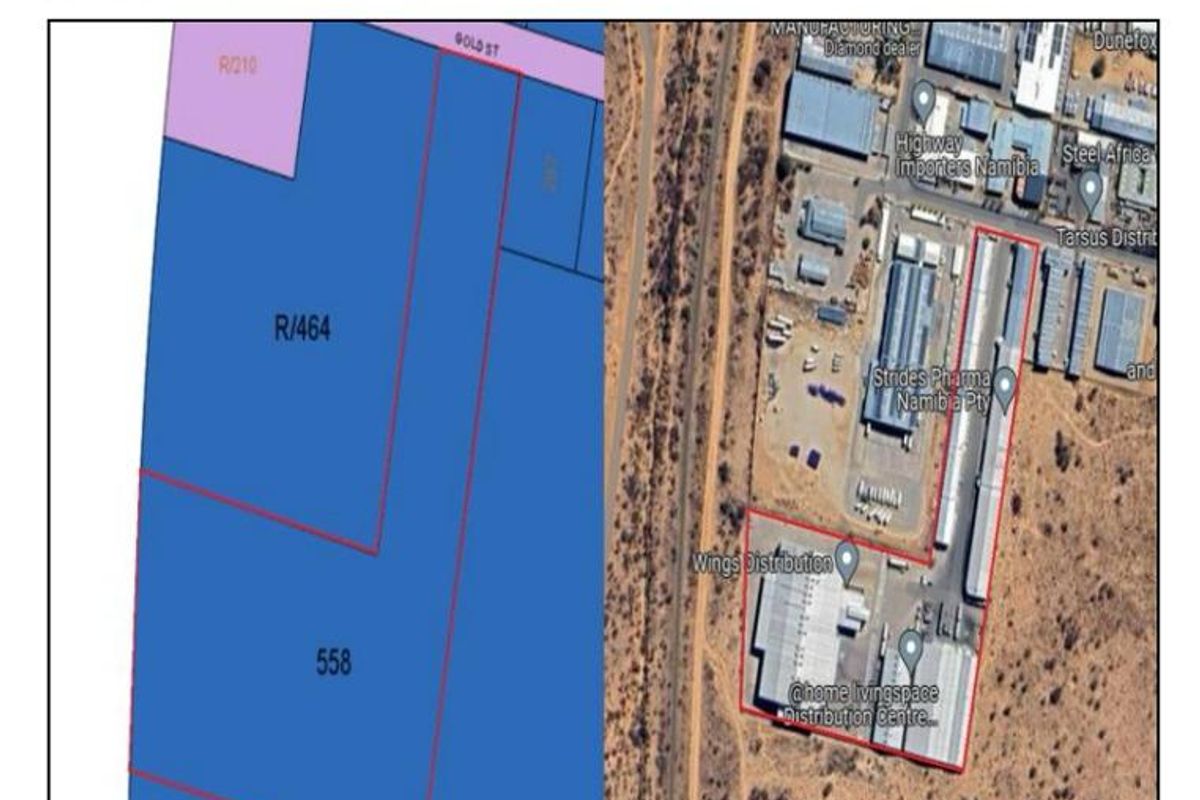 A site plan and aerial view showing the industrial property boundaries and surrounding infrastructure in the Prosperita municipal area.